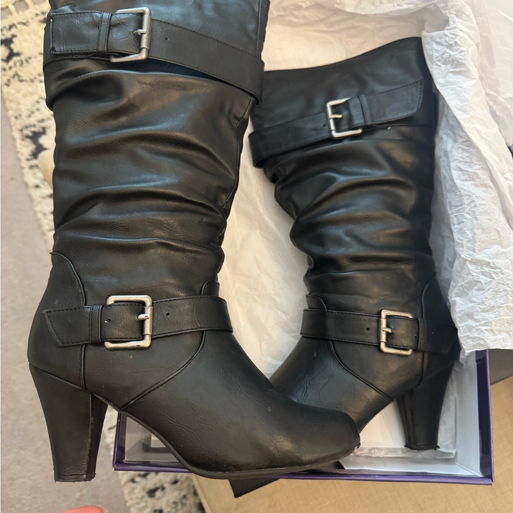 Black Buckle Knee-High Boots